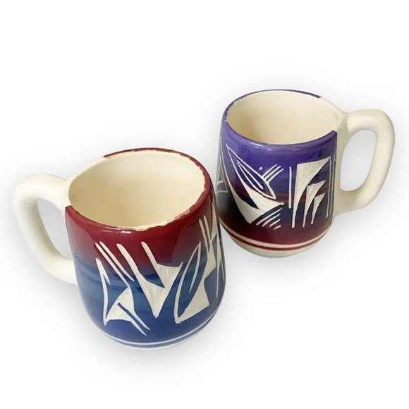 Wing Ute USA Tribal Hand Painted Carved Pottery Coffee Mugs Yazzie Silas Signed - Picture 1 of 12